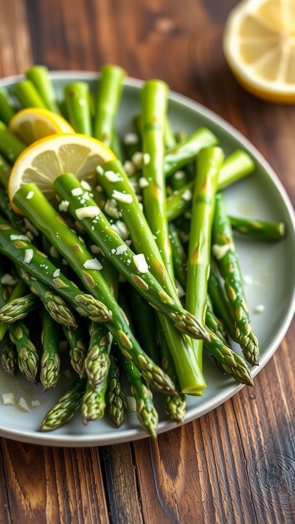 Sautéed garlic asparagus served on a plate, garnished with lemon wedges.